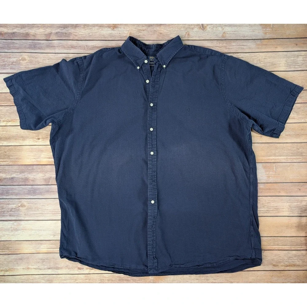 Polo Ralph Lauren Shirt Mens 3XLT Seersucker Navy Blue Short Sleeve Untucked Fit